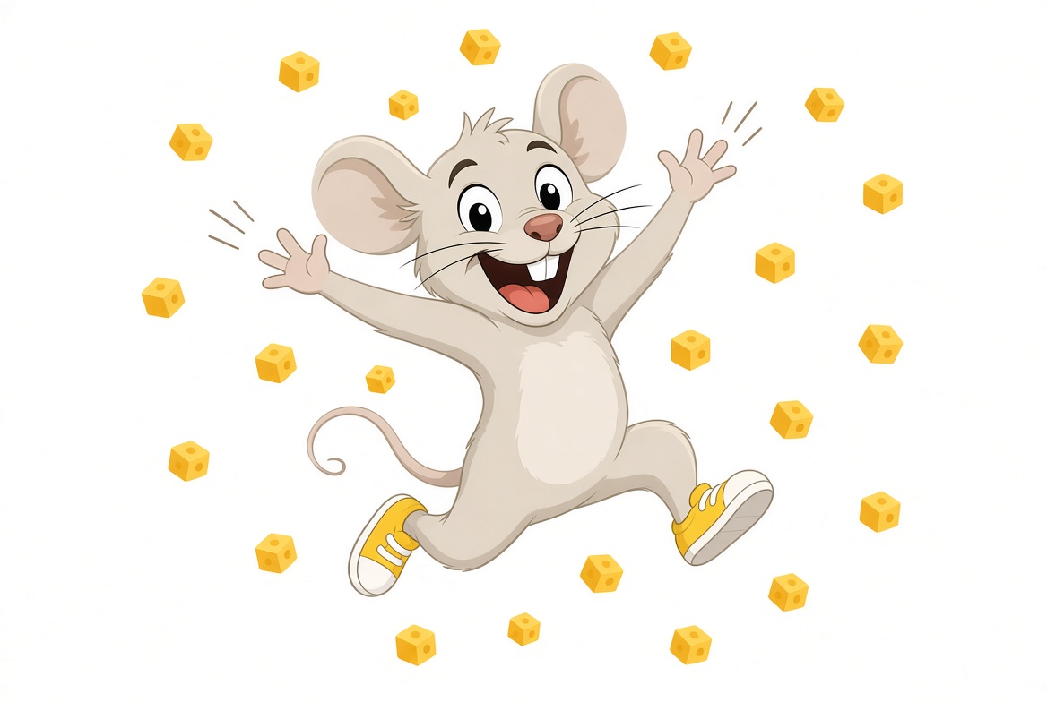 Cheddar dancing in yellow sneakers surrounded by floating cheese cubes