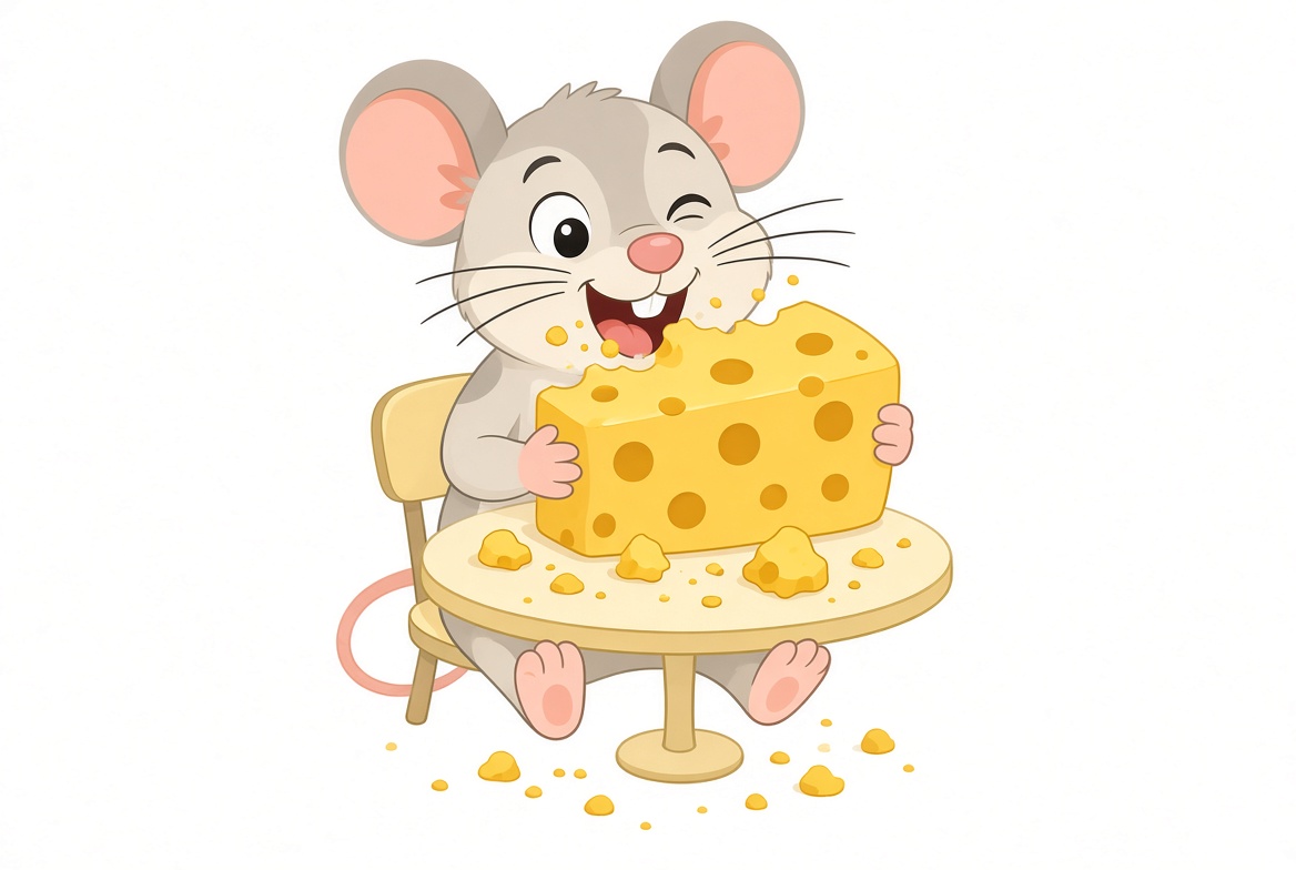 Cheddar winking while eating a huge block of Swiss cheese at a tiny table