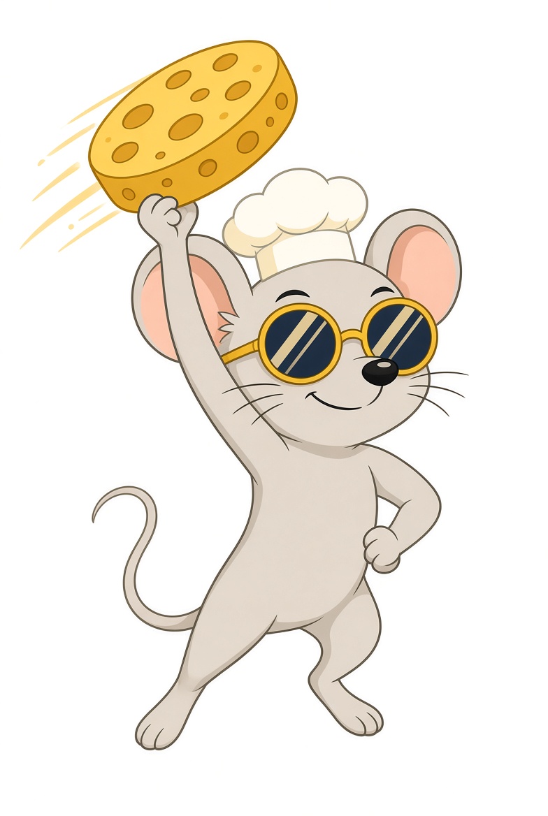 Cheddar in sunglasses and a chef hat launching a wheel of cheese