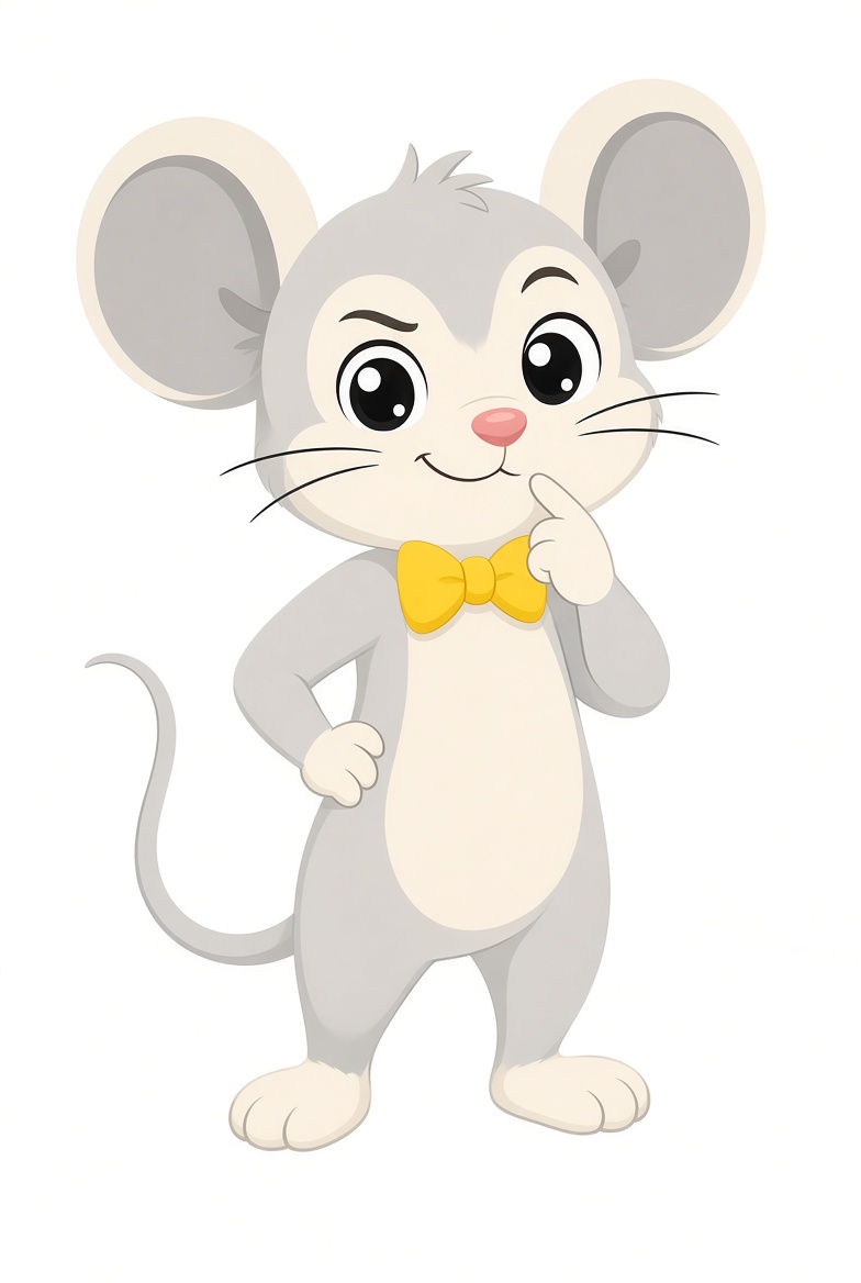 Cheddar the mouse in a yellow bow tie, looking mischievous